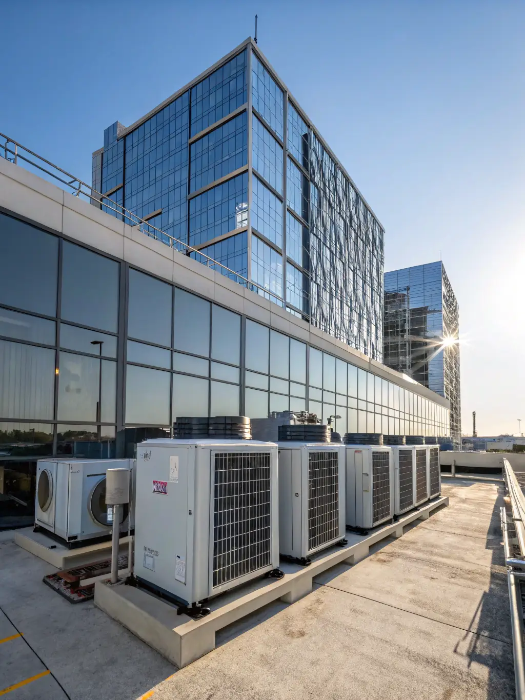 A modern commercial building with rooftop HVAC units, showcasing Iceflow Solutions' expertise in full commercial HVAC projects.