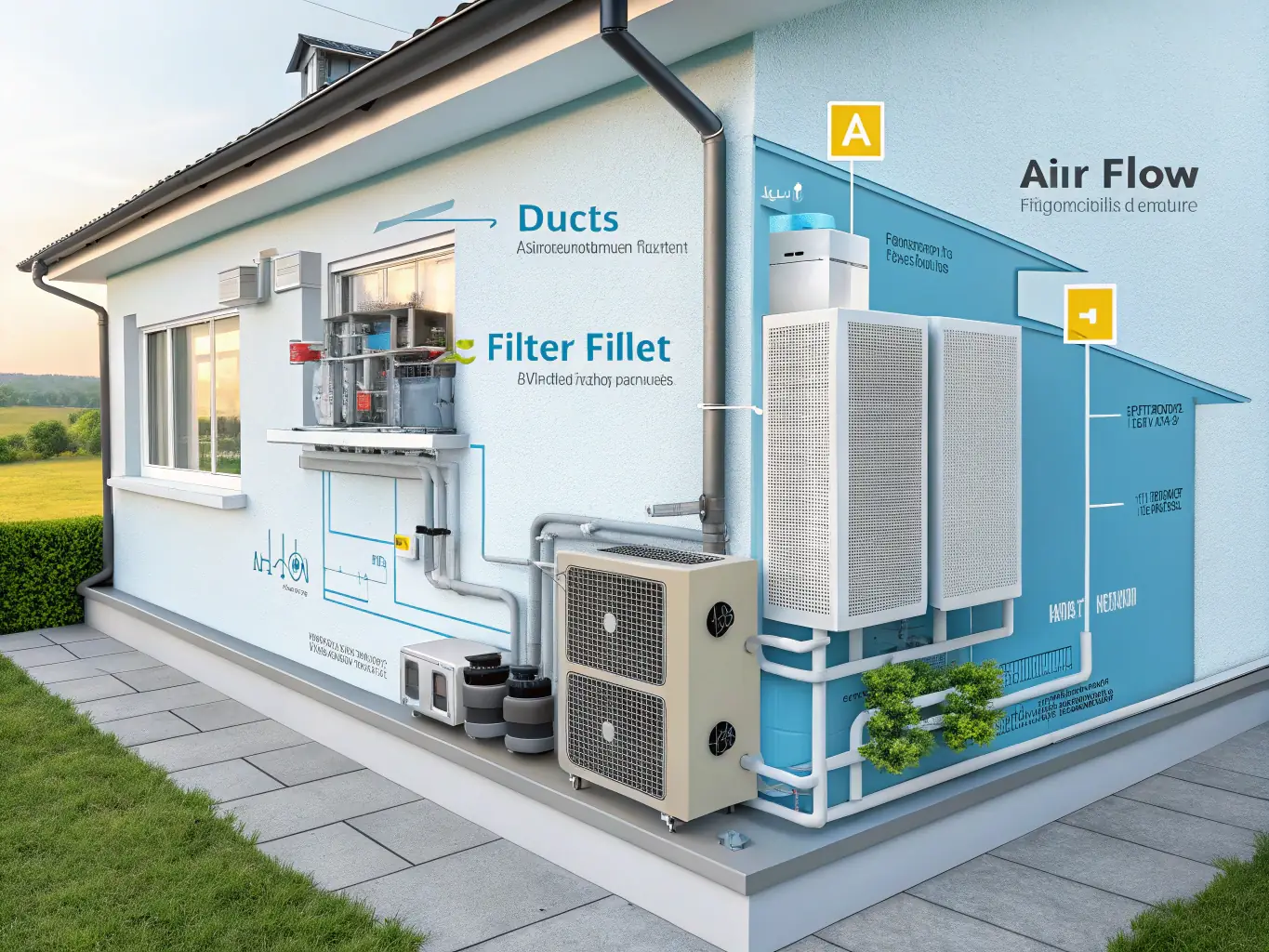 A blueprint of an HVAC system design with engineers collaborating around a table, emphasizing the engineering-driven approach of Iceflow Solutions.