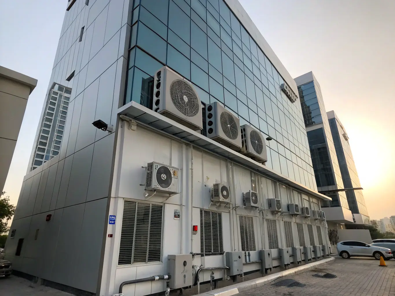 A wide shot of a modern commercial building with rooftop HVAC units, emphasizing the scale and complexity of full commercial HVAC projects.