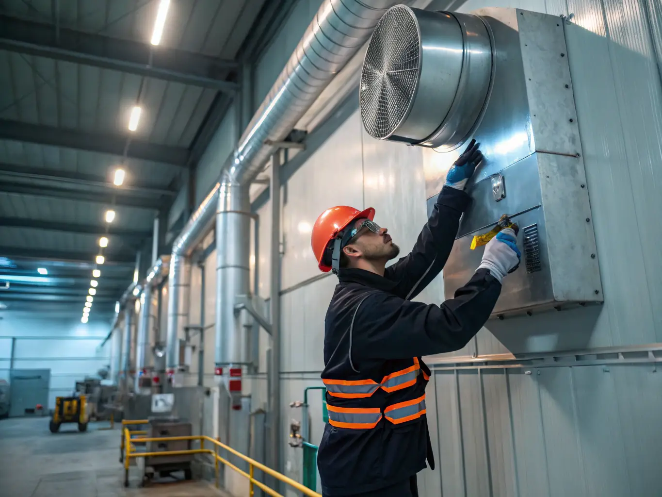 A technician performing routine maintenance on an HVAC system in an industrial setting, showcasing the proactive approach of preventive HVAC service contracts.